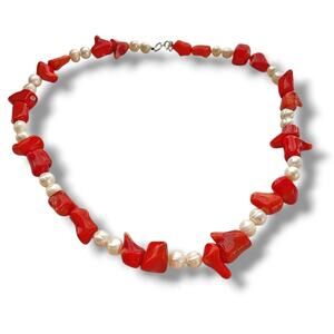 Large Genuine Coral Pearl Necklace Silver 925 Statement Choker Boho Coastal